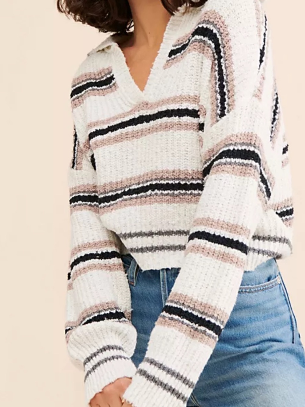 Free People Kennedy Stripe Pullover V Neck Sweater Size Small Boho